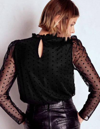 Tulle Yoke Embroidered Top-Black Spot