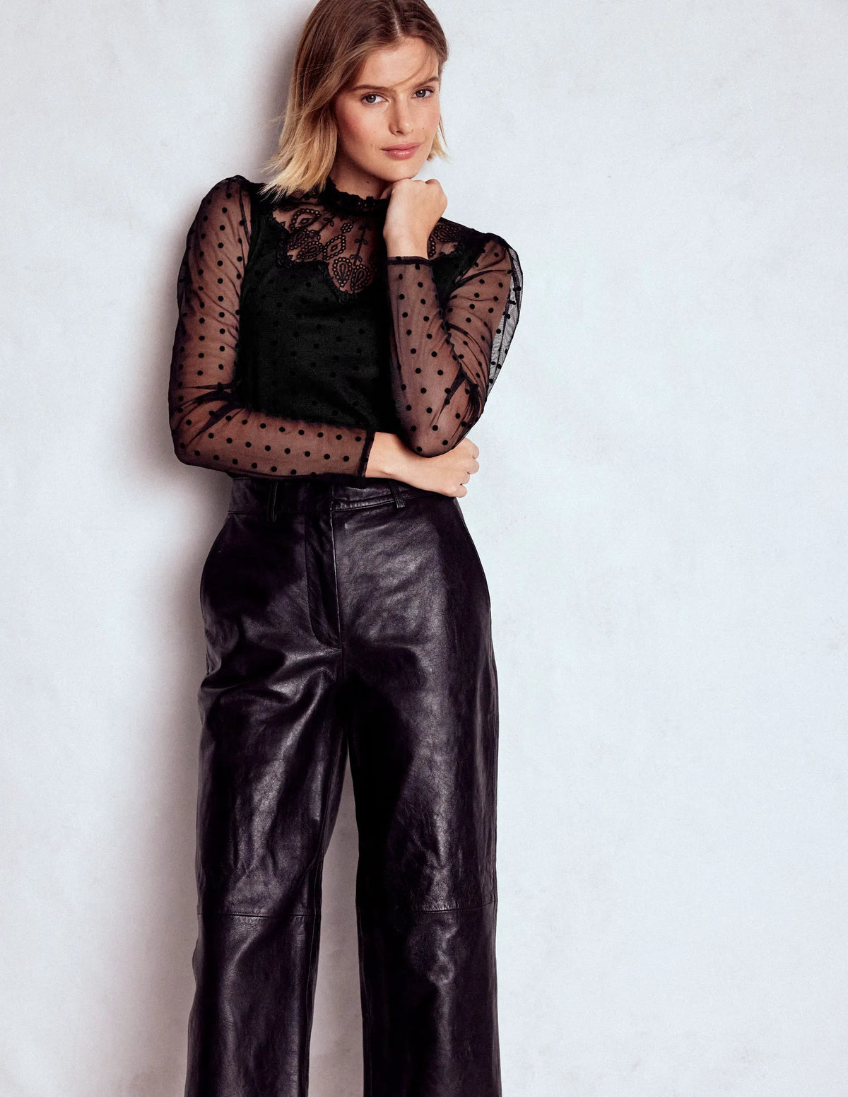 Tulle Yoke Embroidered Top-Black Spot