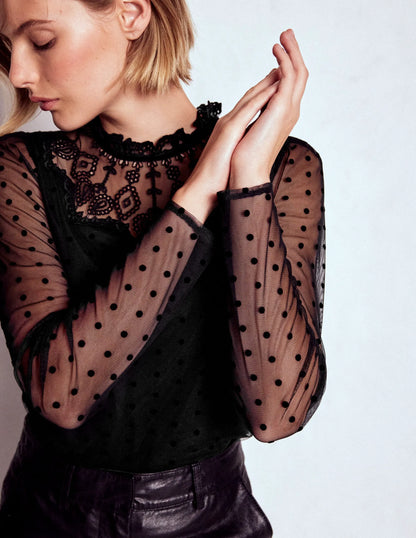 Tulle Yoke Embroidered Top-Black Spot