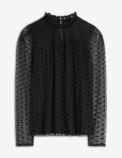 Tulle Yoke Embroidered Top-Black Spot