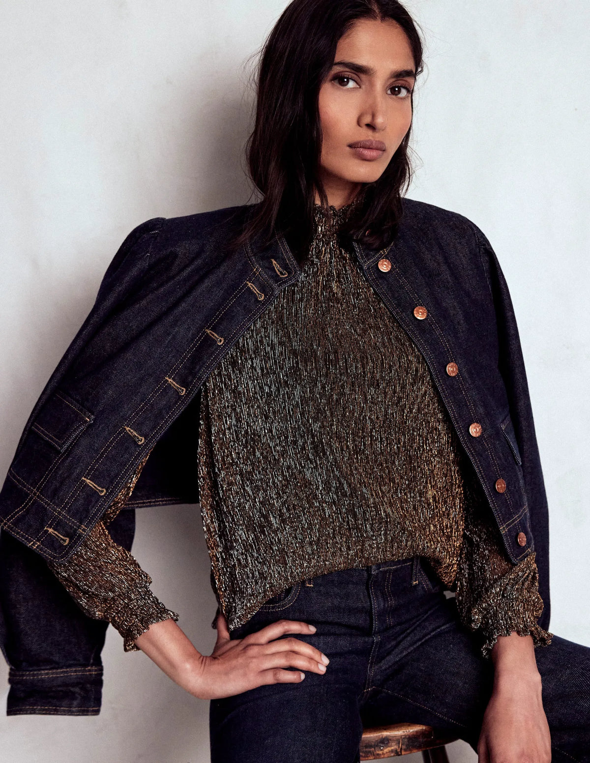 Smocked Neck Metallic Top-Metallic
