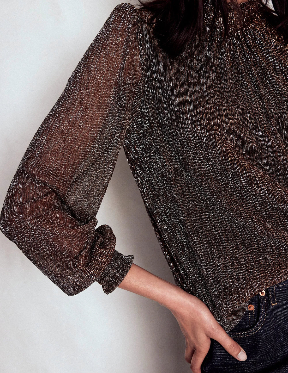 Smocked Neck Metallic Top-Metallic