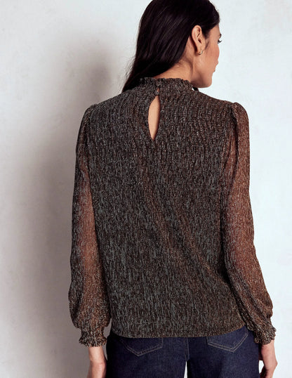 Smocked Neck Metallic Top-Metallic