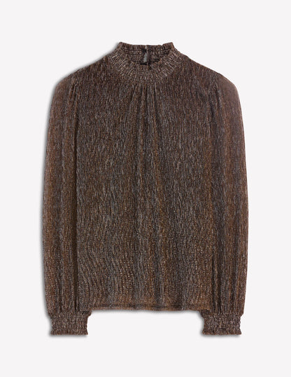Smocked Neck Metallic Top-Metallic