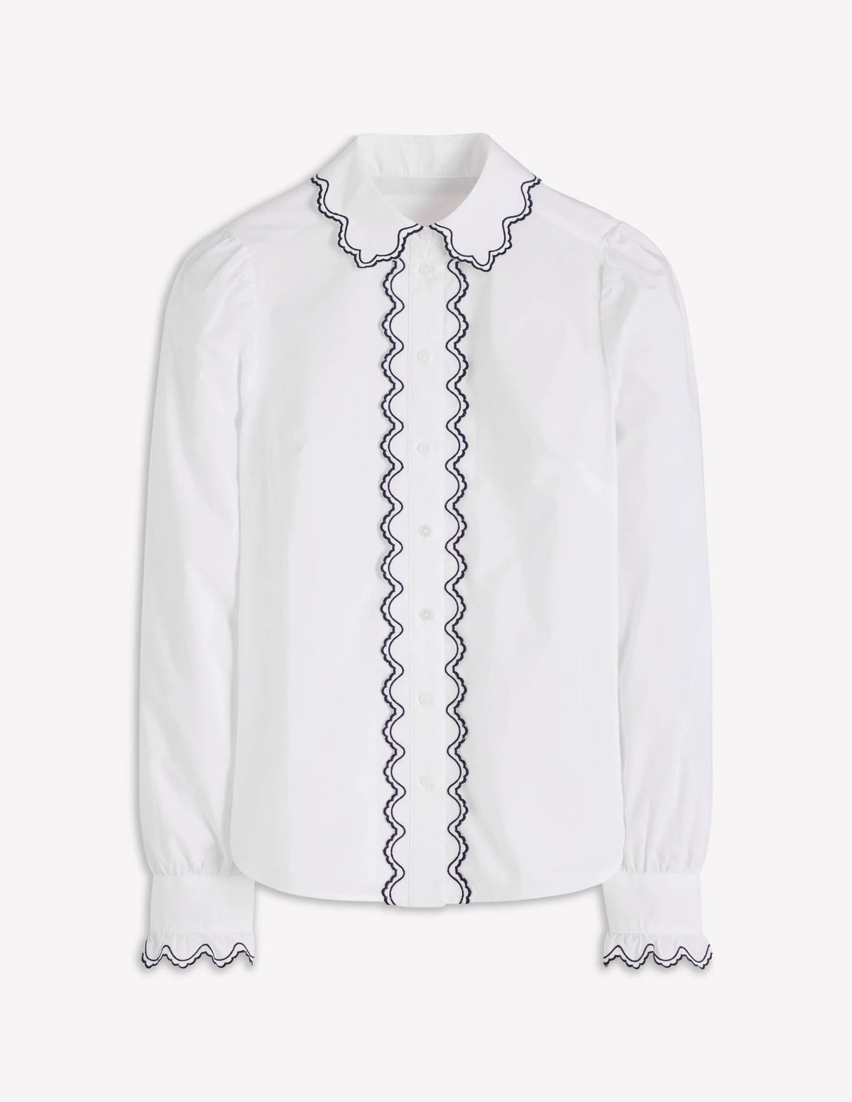 Embroidered Cotton Shirt-White, Navy Embroidery