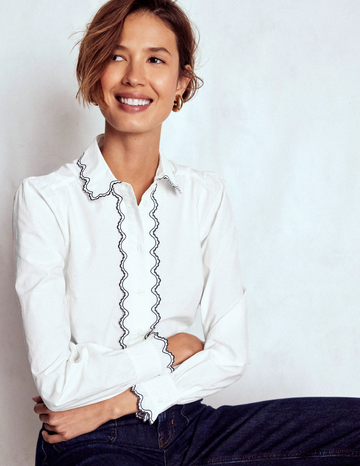 Embroidered Cotton Shirt-White, Navy Embroidery