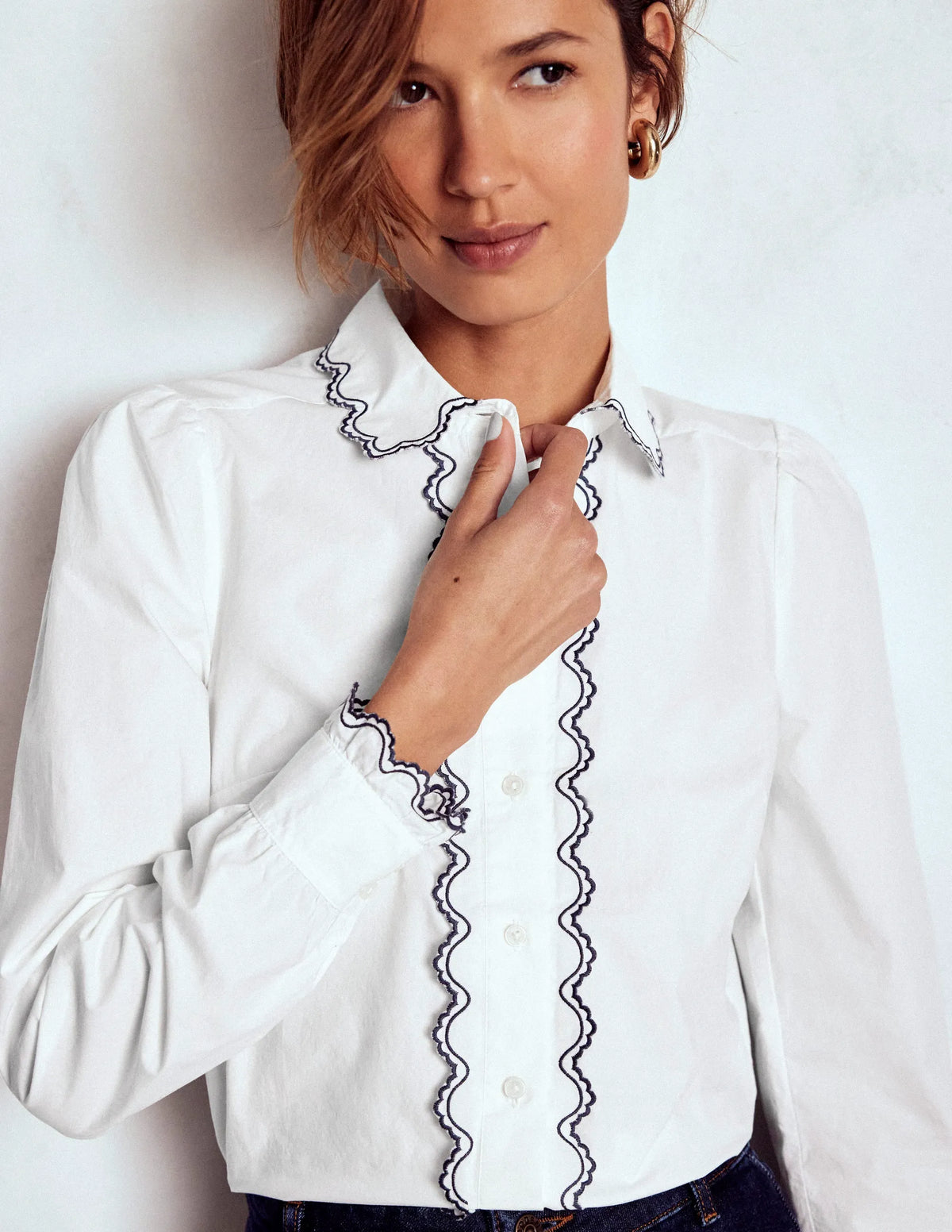 Embroidered Cotton Shirt-White, Navy Embroidery