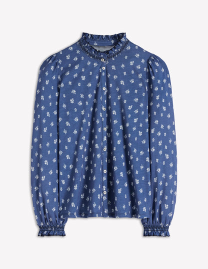 Effie Smocked Detail Shirt-True Navy, Flower Press Small