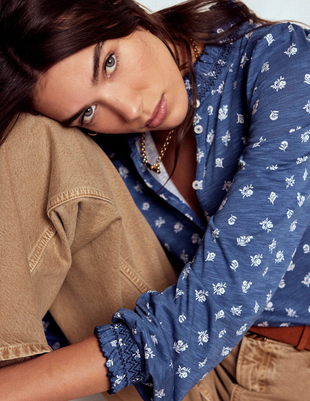 Effie Smocked Detail Shirt-True Navy, Flower Press Small