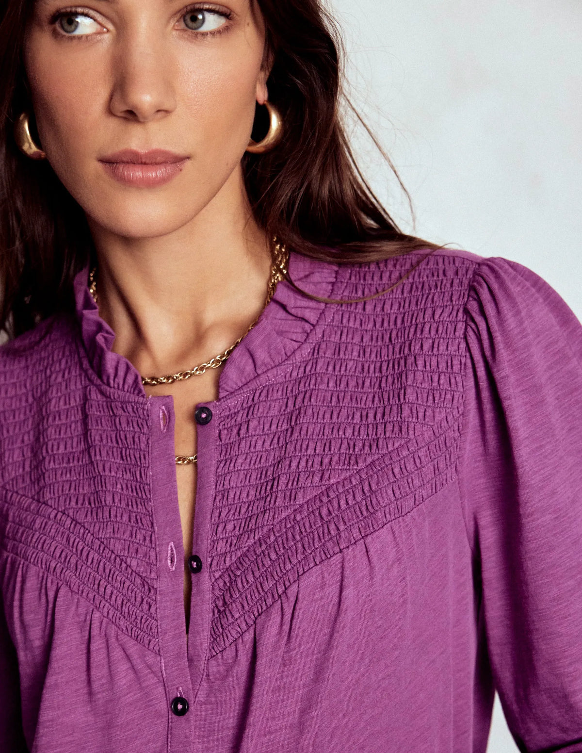Smocked Yoke Jersey Shirt-Damson