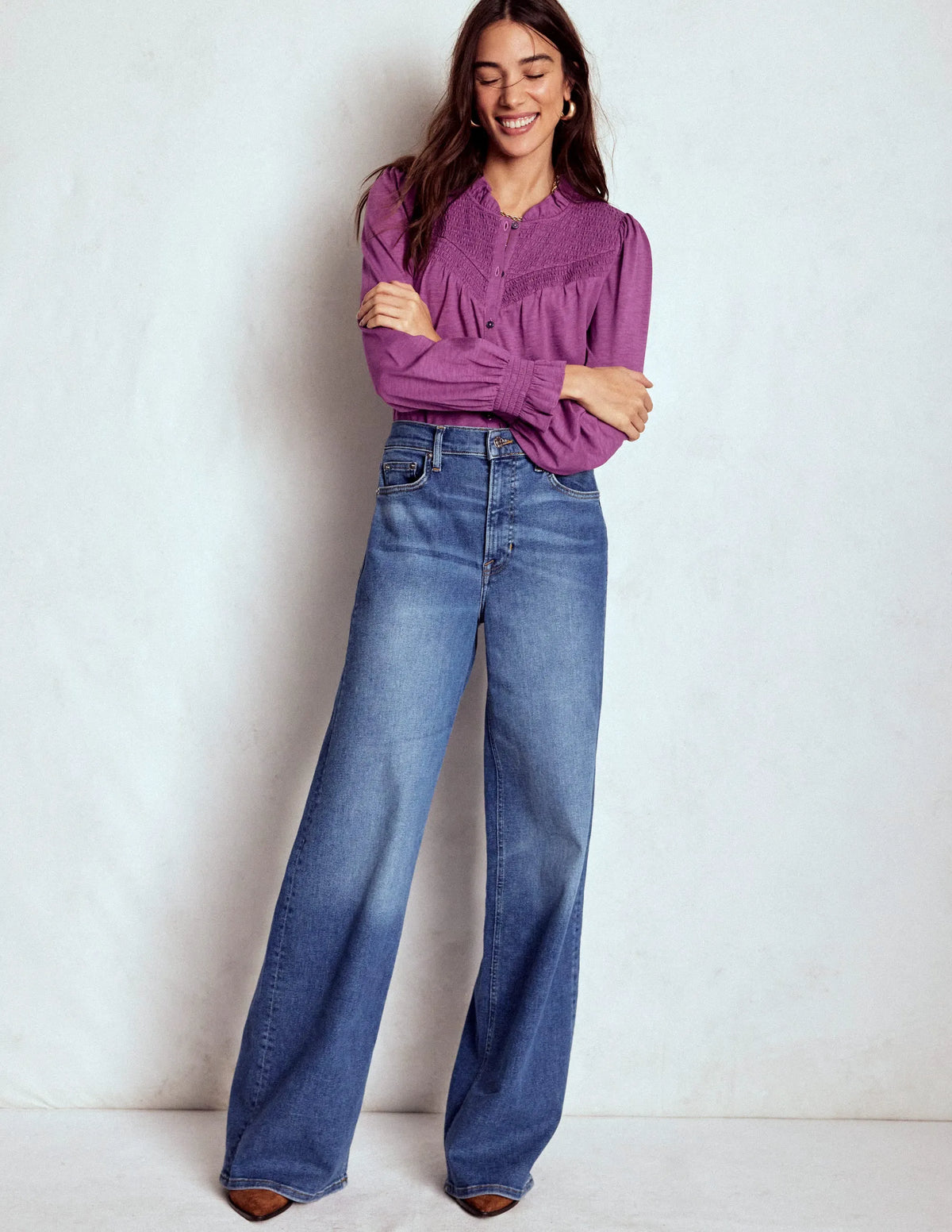 Smocked Yoke Jersey Shirt-Damson