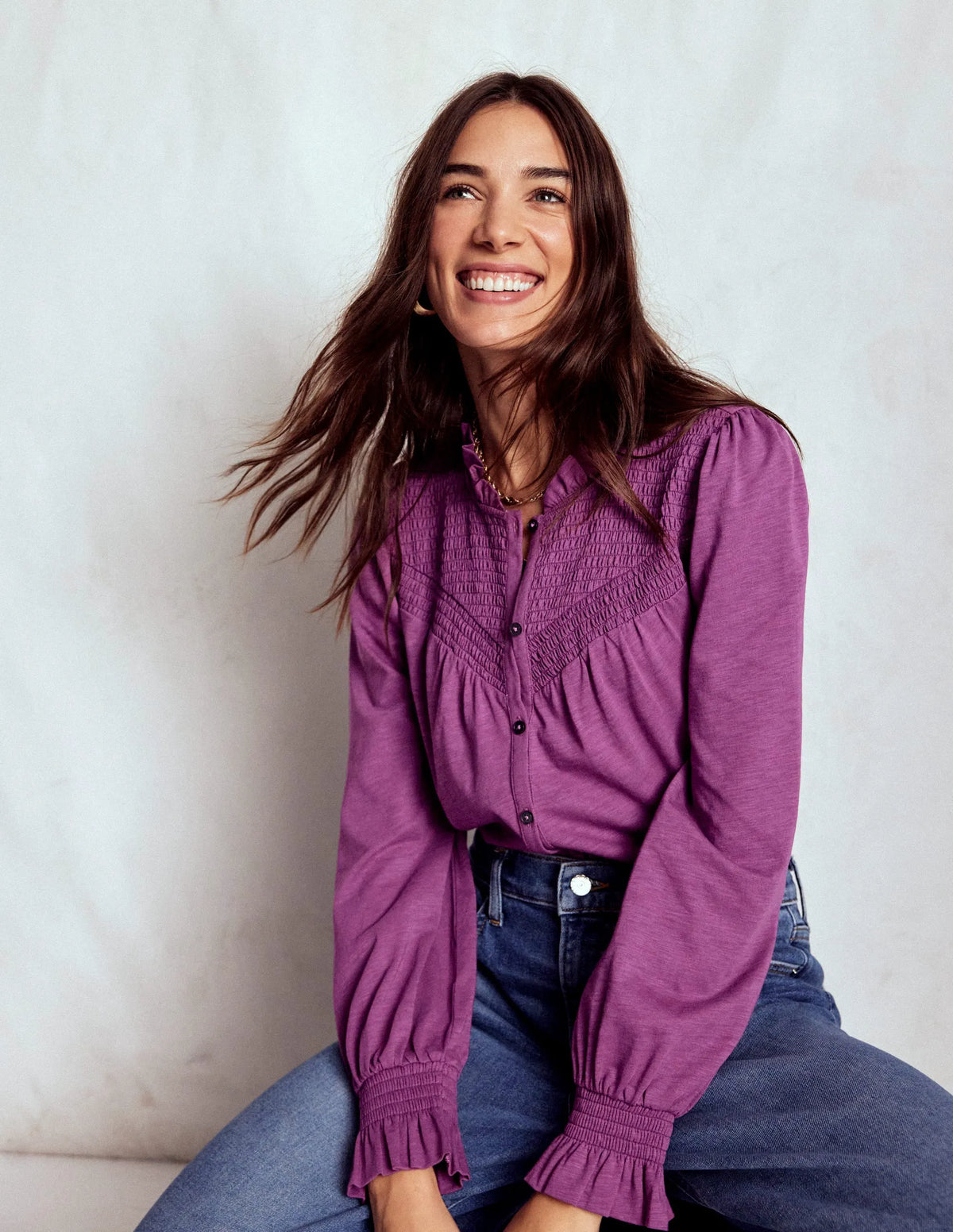 Smocked Yoke Jersey Shirt-Damson