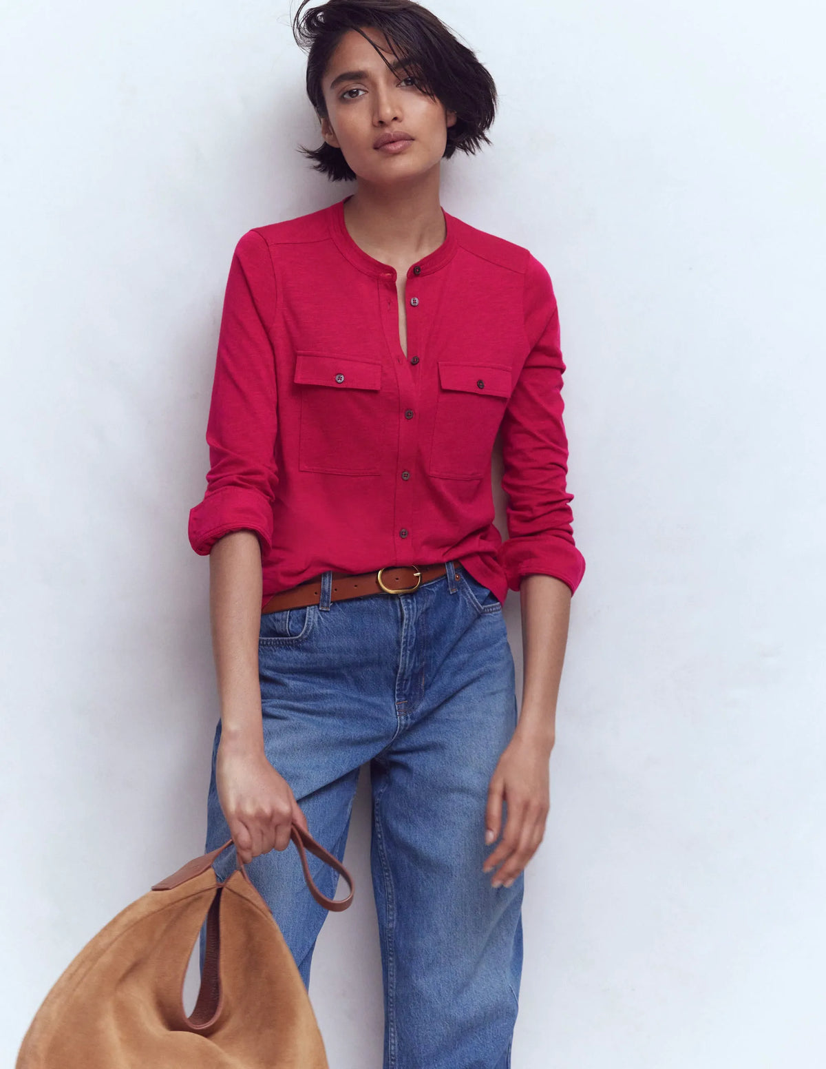 Topstitched Pocket Shirt-Pomegranate