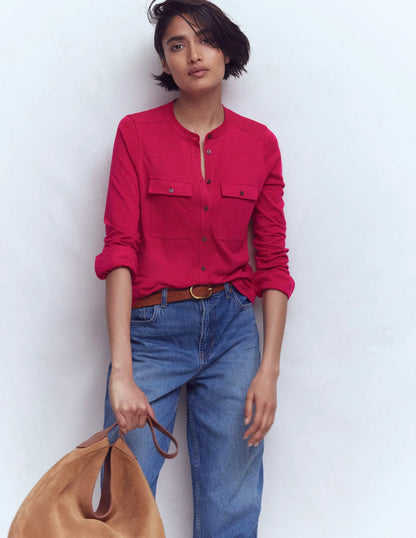 Topstitched Pocket Shirt-Pomegranate