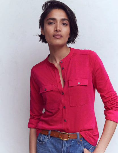 Topstitched Pocket Shirt-Pomegranate