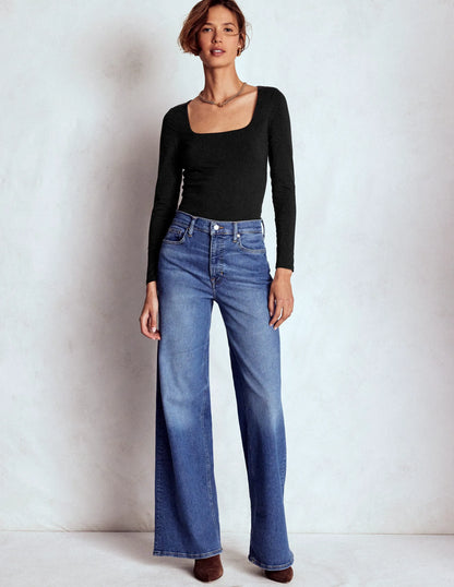 Double Layer Square Neck Top-Black