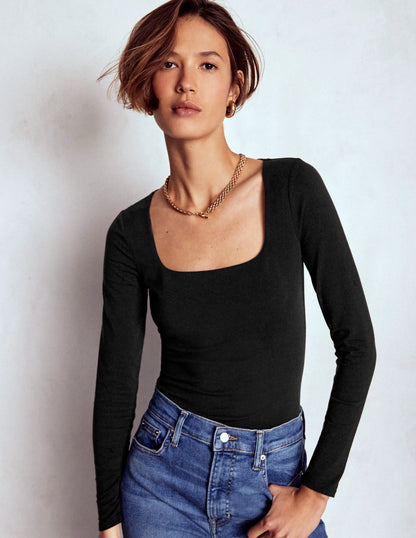 Double Layer Square Neck Top-Black