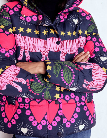 Padded Puffer Coat-French Navy, Embellished Tiger