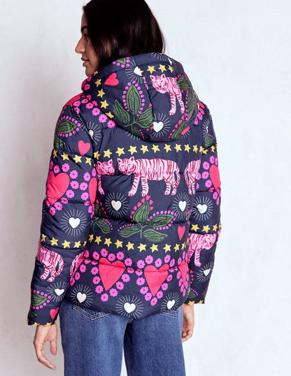 Padded Puffer Coat-French Navy, Embellished Tiger