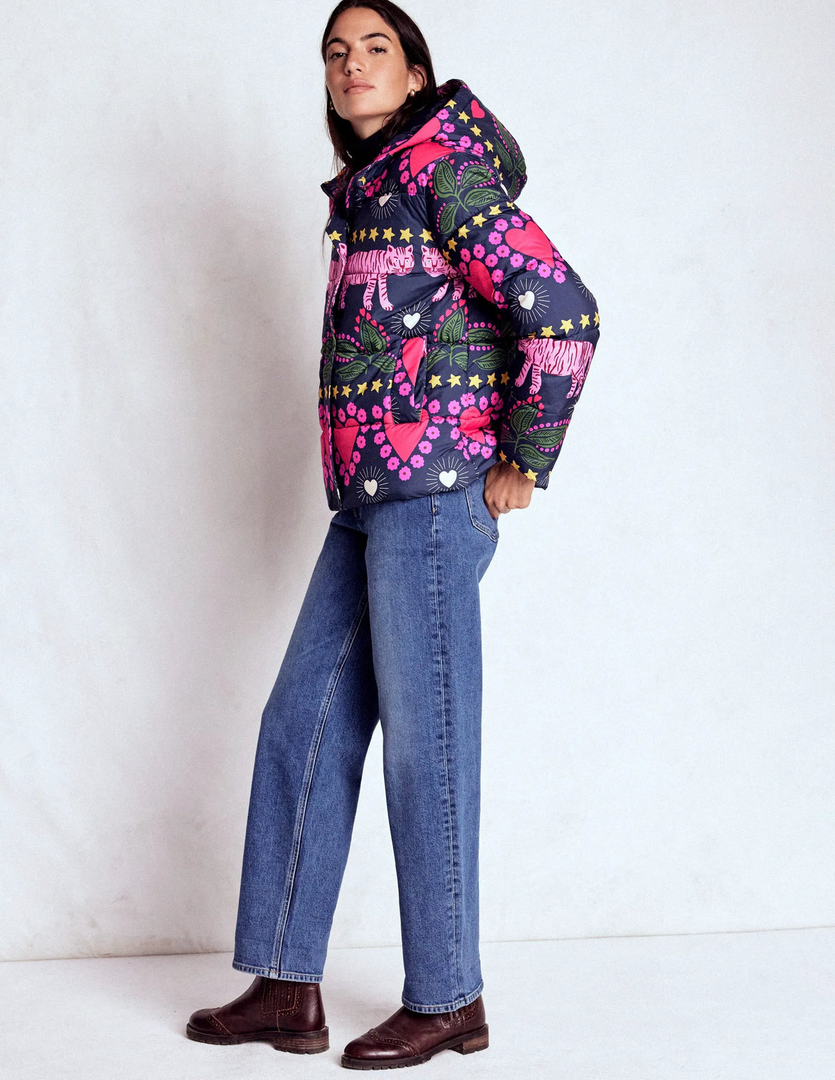 Padded Puffer Coat-French Navy, Embellished Tiger