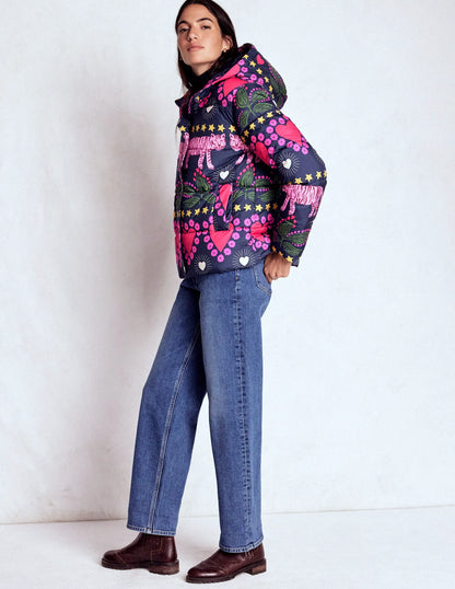 Padded Puffer Coat-French Navy, Embellished Tiger