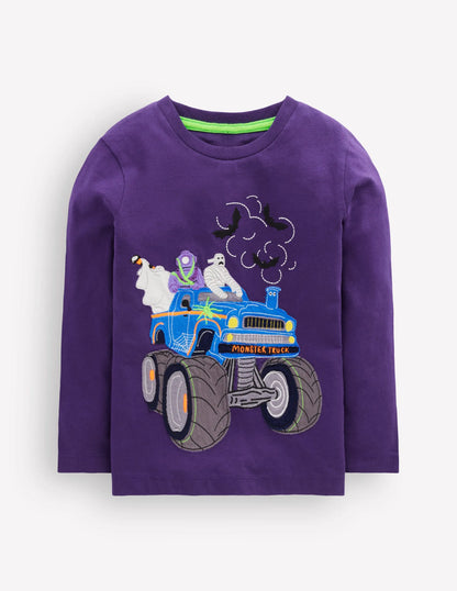 Long Sleeve Appliqué T-shirt-Halloween Monster Truck