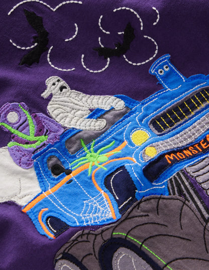 Long Sleeve Appliqué T-shirt-Halloween Monster Truck