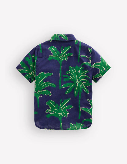 Cotton Linen Shirt-Green Palm Trees