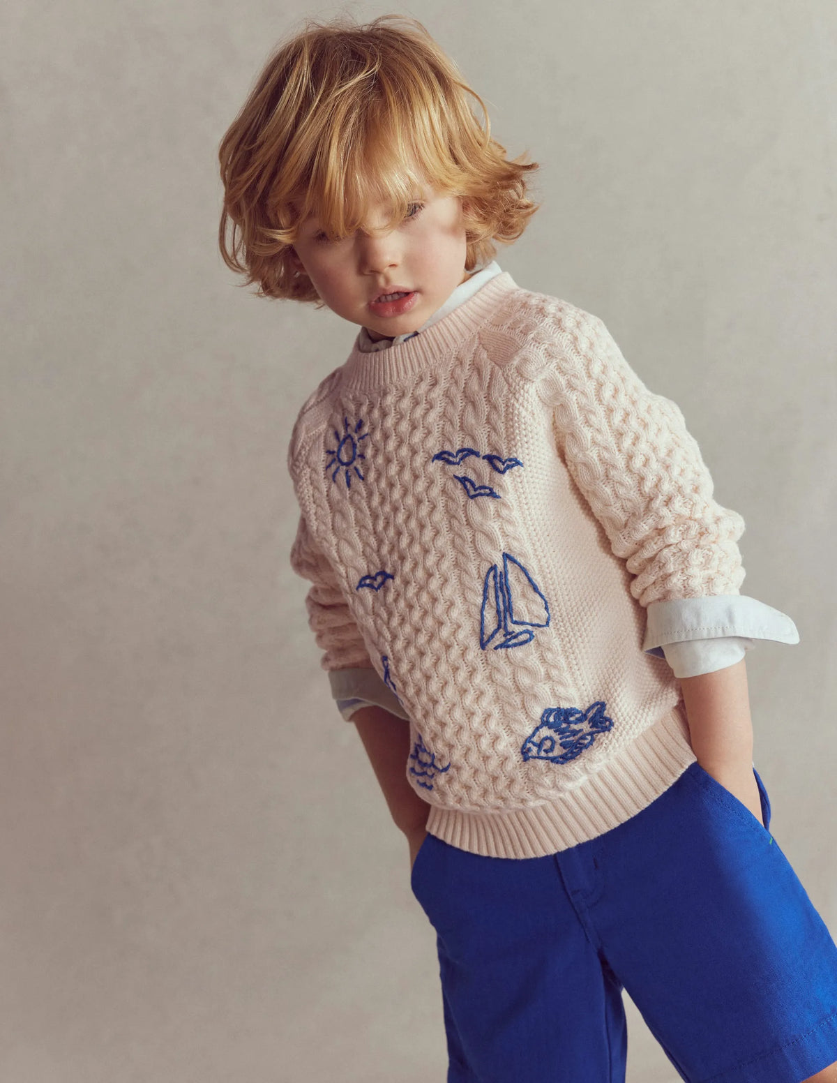 Cable Embroidered Sweater-Warm Ivory