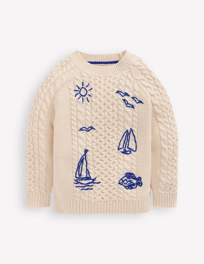 Cable Embroidered Sweater-Warm Ivory