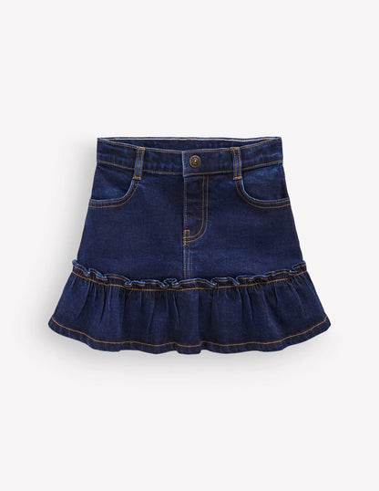 Frill Hem Denim Skirt-Dark Wash