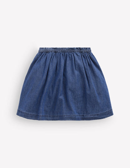 Woven Button-Through Skirt-Mid Wash