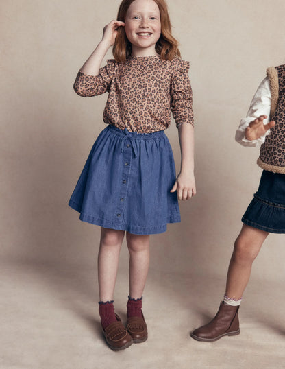 Woven Button-Through Skirt-Mid Wash