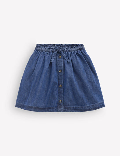 Woven Button-Through Skirt-Mid Wash