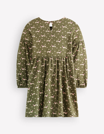 Madeline Blouson Sleeve Dress-Green Sausage Dog