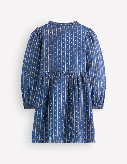 Betsy Woven Puff Sleeve Dress-Denim Tiny Hearts