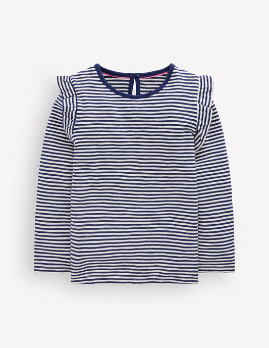 Frill Sleeve Slub Top-Soft Ivory/College Navy