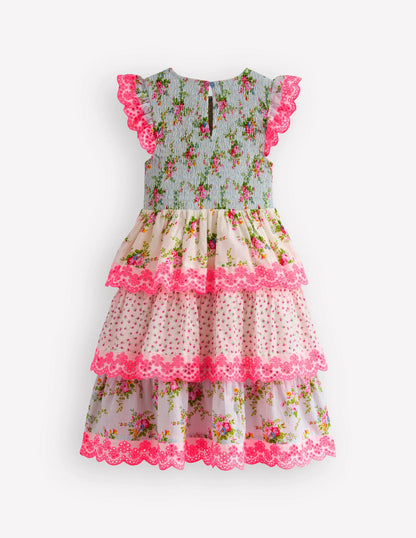 Tiered Lace Trim Dress-Festival Pink Ditsy Rose
