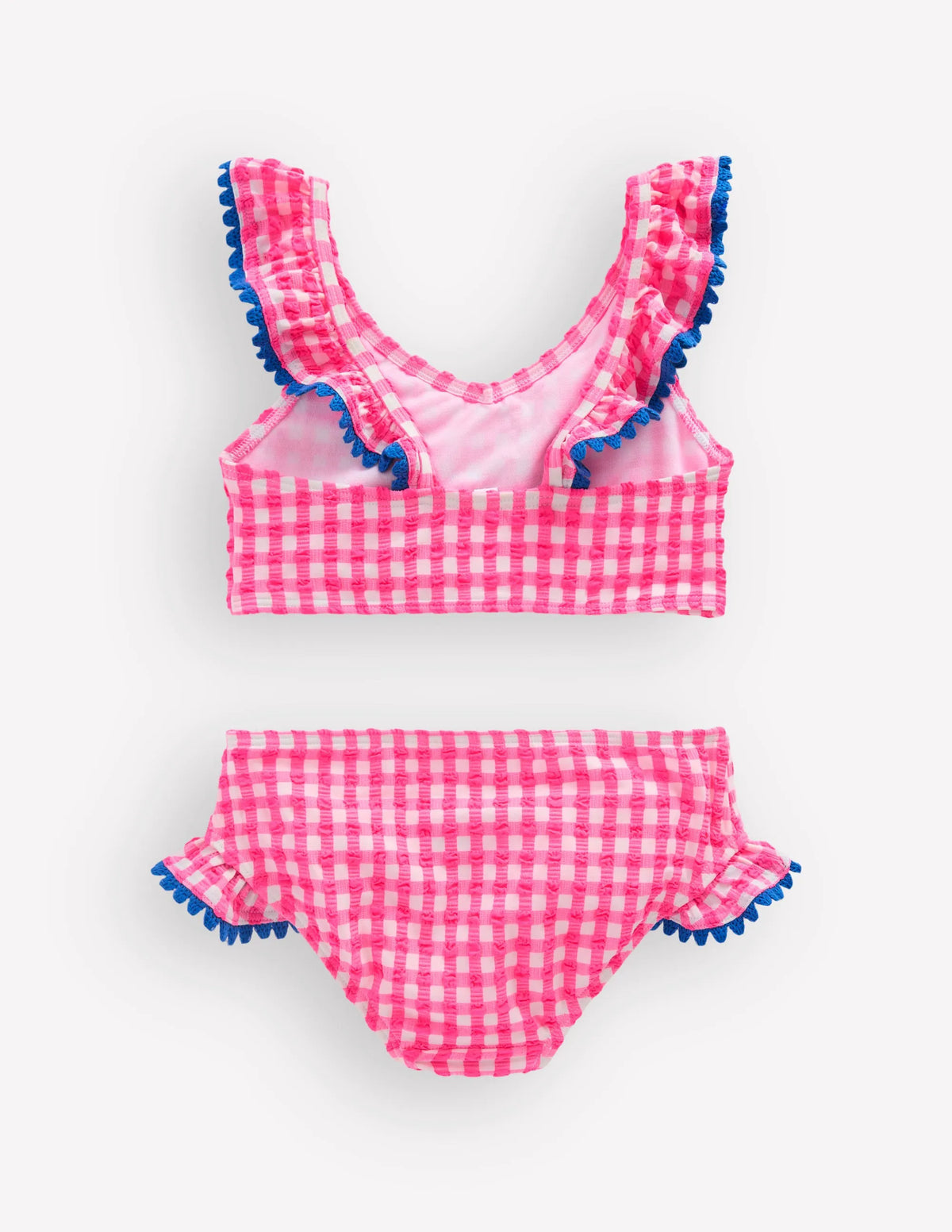 Frill V-neck Bikini Set-Neon Pink Gingham