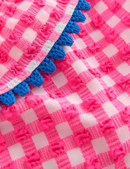 Frill V-neck Bikini Set-Neon Pink Gingham