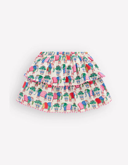 Ruffle Jersey Skort-Multi Elephant Woodblock