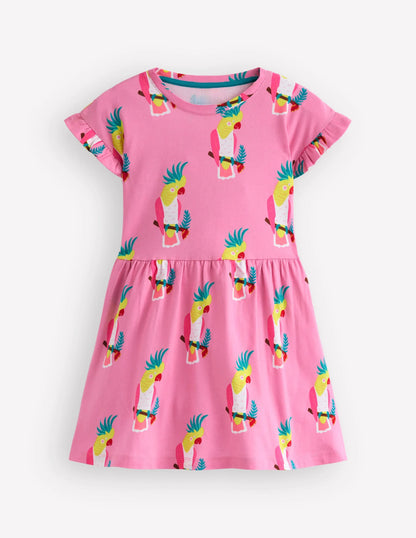 Jersey T-Shirt Dress-Flamingo Pink Tropical Bird