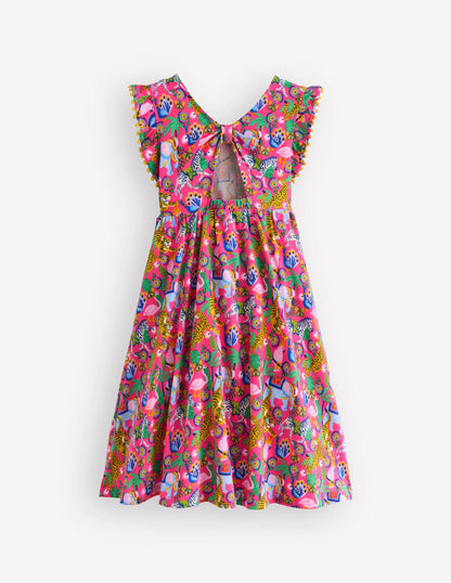Clover Bow Back Jersey Dress-Flamingo Pink Jungle Animals