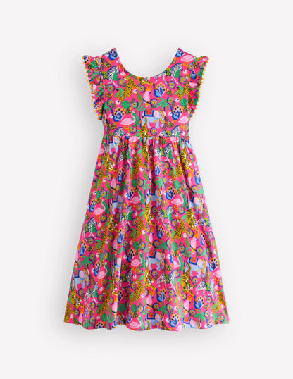 Clover Bow Back Jersey Dress-Flamingo Pink Jungle Animals