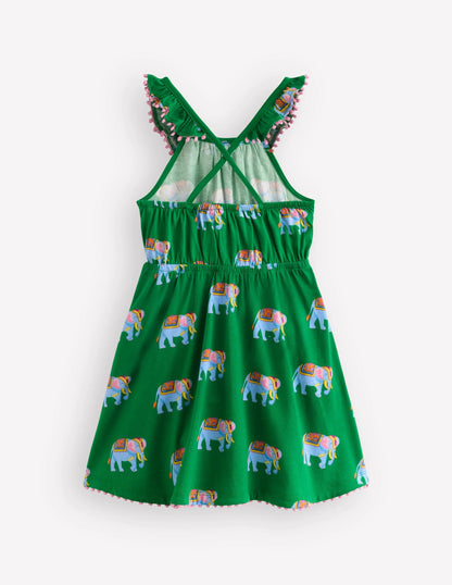 Ruffle Neck Trim Dress-Highland Green Elephants