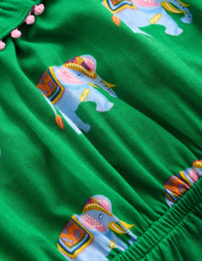 Ruffle Neck Trim Dress-Highland Green Elephants