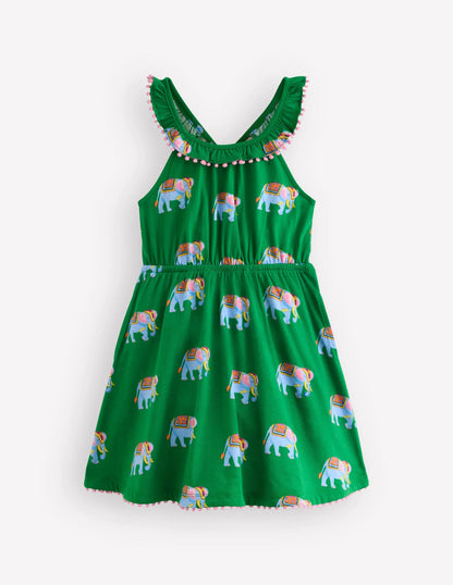 Ruffle Neck Trim Dress-Highland Green Elephants