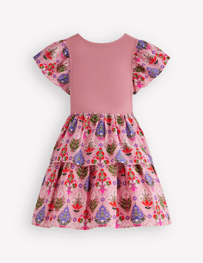 Woven Mix Twirly Dress-Multi Diamond Floral