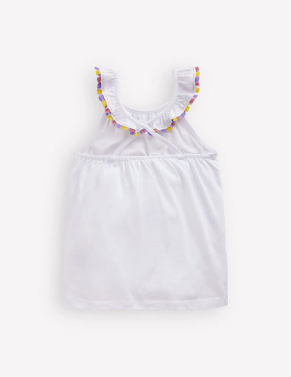 Ruffle Neck Trim Top-White