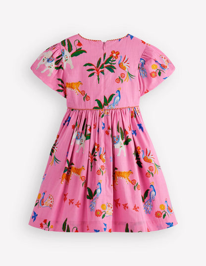 V-waist Woven Dress-Formica Pink Tropical Animals